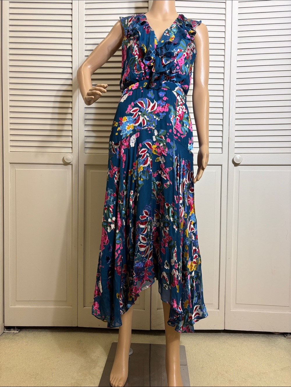 SALONI Teal Floral Ruffle High-Low Rita Silk Blend Dress Size 6